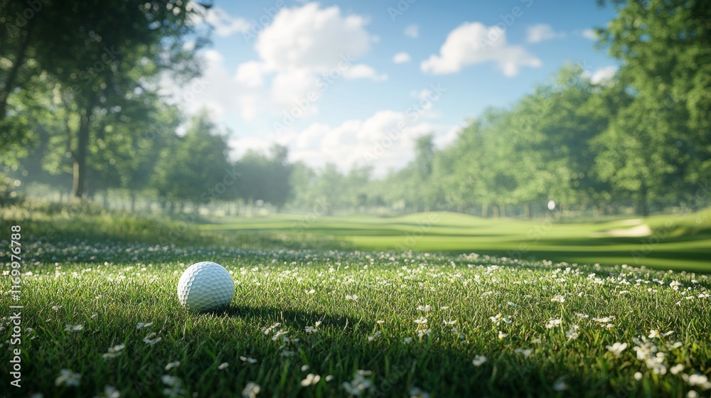 Golf ball nestled in lush green grass.