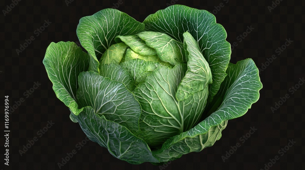 Obraz premium Fresh Green Cabbage with Detailed Leaves on Dark Background