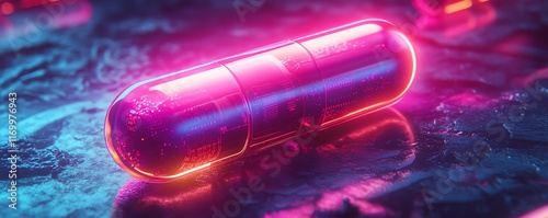 Futuristic capsule with neon glow, abstract technological details, advanced medical technology concept, vibrant neon colors, closeup view photo