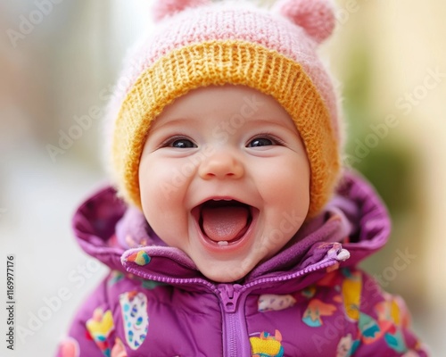 Fototapeta Happy baby smiling in colorful winter outfit.