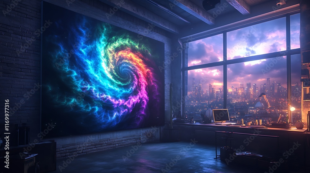 Obraz premium A contemporary art canvas with dynamic fractal spirals in bold neon hues of blue, green, and pink, set against a dark gradient background, mounted in an industrial-style loft with dramatic lighting,