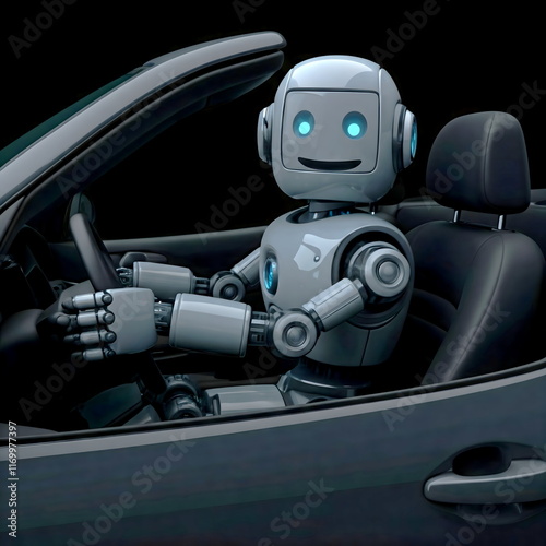 Advanced humanoid robot driving a modern car and looking at camera.