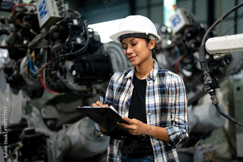 Professional female engineer wearing a hard hat, using a clipboard to inspect and monitor robotic machinery in an industrial factory.