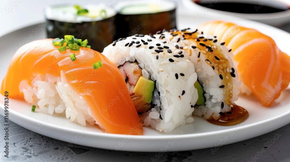 Plate of sushi with dipping soy sauce and wasabi, Isolated, White background, Editorial Photography, Studio lighting, Magazine foods style Plate of sushi with dipping soy sauce and wasabi, Isolated, White background, Editorial Photography, Studio lighting, Magazine foods style