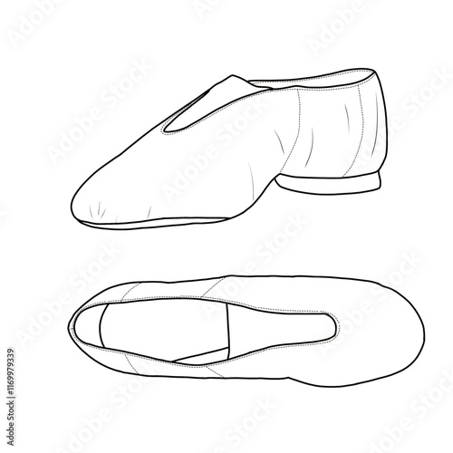 Women's jazz dance shoes slip on. Technical sketch hand drawing outline vector doodle illustration, front, side, and top view isolated on white background 
