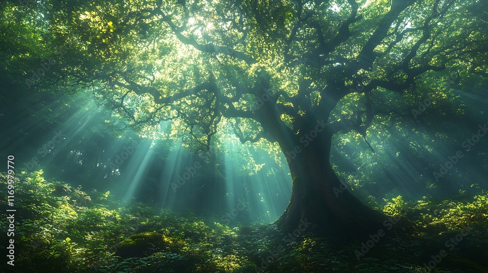 Fototapeta premium Enchanting sunlight illuminates ancient tree in serene forest