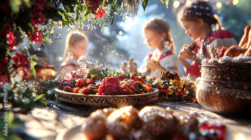 vibrant scene depicting children celebrating Slavic native faith ceremony with traditional foods and decorations, evoking joy and community spirit photo