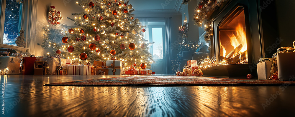 Blurred Christmas Scene with Tree Adorned in Red and White Ornaments, Gifts Below, and a Burning Fireplace – Festive Atmosphere in a Dark Room, Perfect for Holiday-Themed Designs Blurred Christmas Scene with Tree Adorned in Red and White Ornaments, Gifts Below, and a Burning Fireplace – Festive Atmosphere in a Dark Room, Perfect for Holiday-Themed Designs