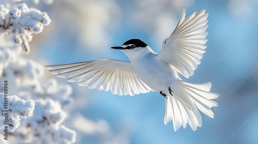 Fototapeta premium White winged bird in flight near snowy branches