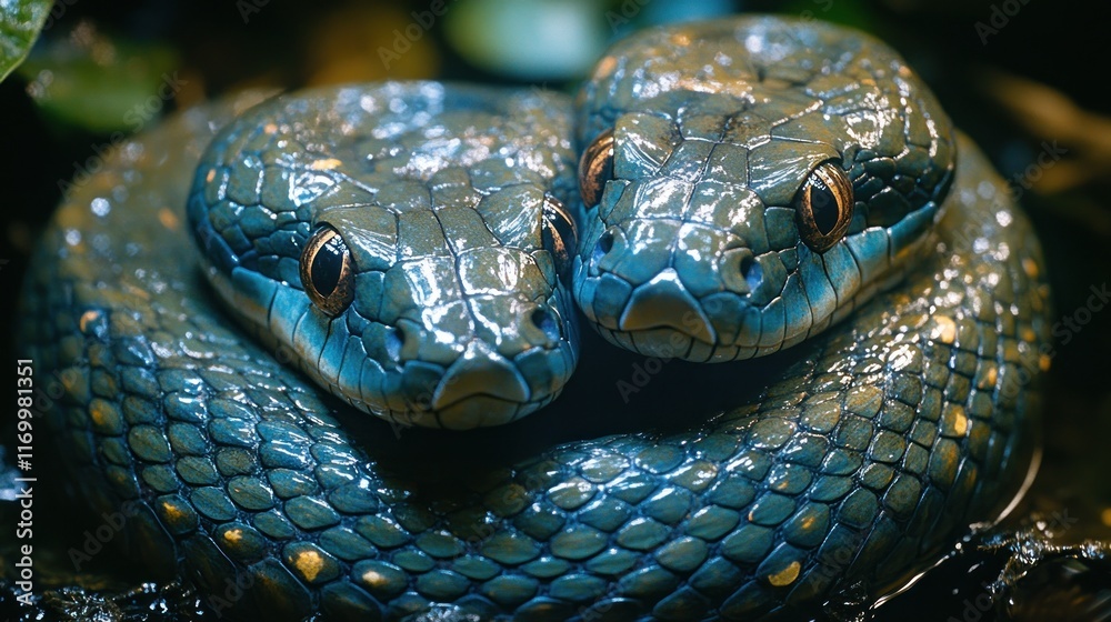 Fototapeta premium Two emerald tree boas intertwined, close-up.
