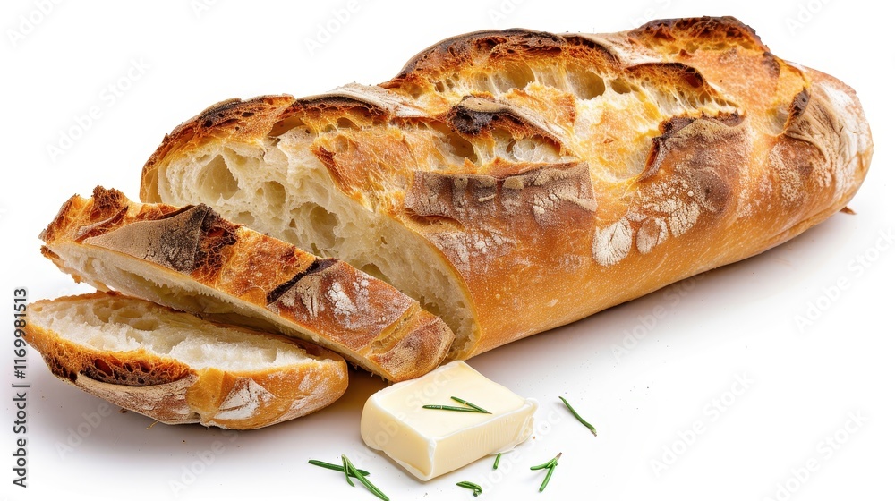 Freshly baked sourdough bread with butter, rustic crust, Isolated, White background, Editorial Photography, Studio lighting, Magazine foods style Freshly baked sourdough bread with butter, rustic crust, Isolated, White background, Editorial Photography, Studio lighting, Magazine foods style