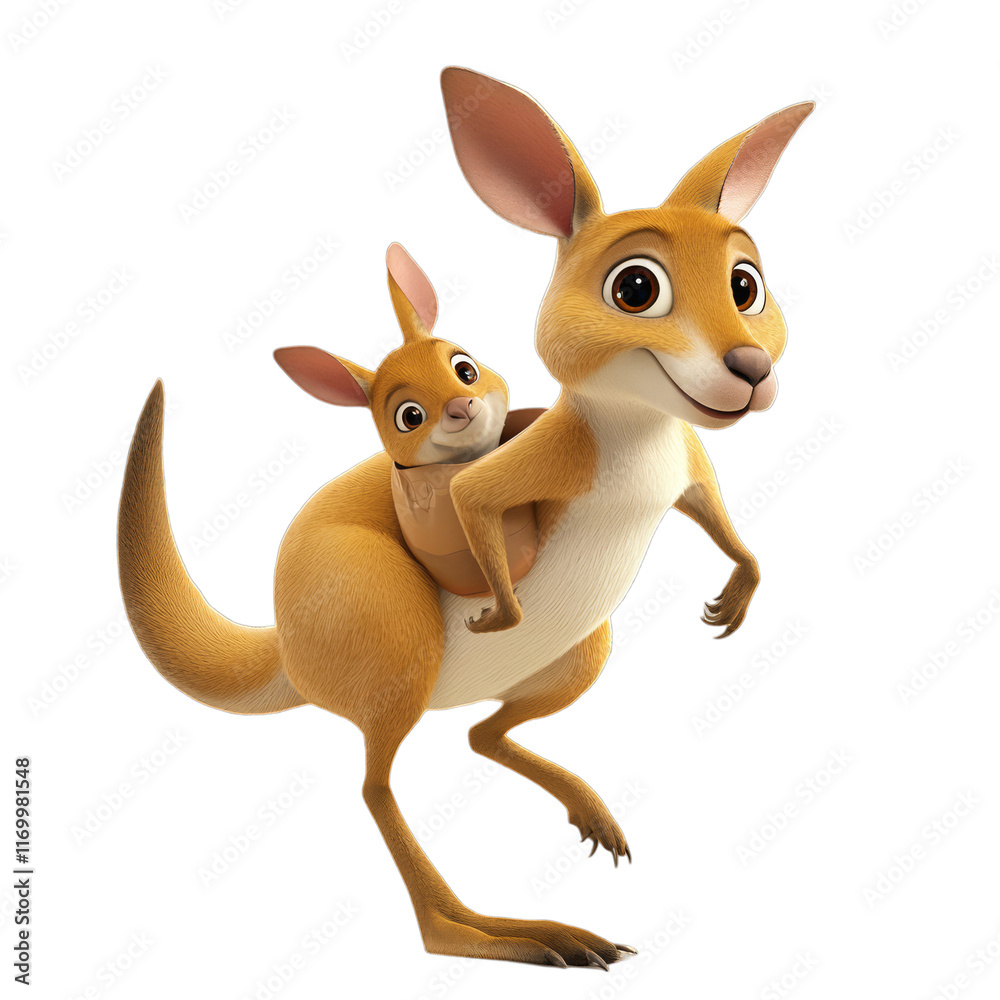 Charming Cartoon Kangaroo with Joey in Pouch Showcasing Playful Animation and Heartwarming Wildlife Illustration