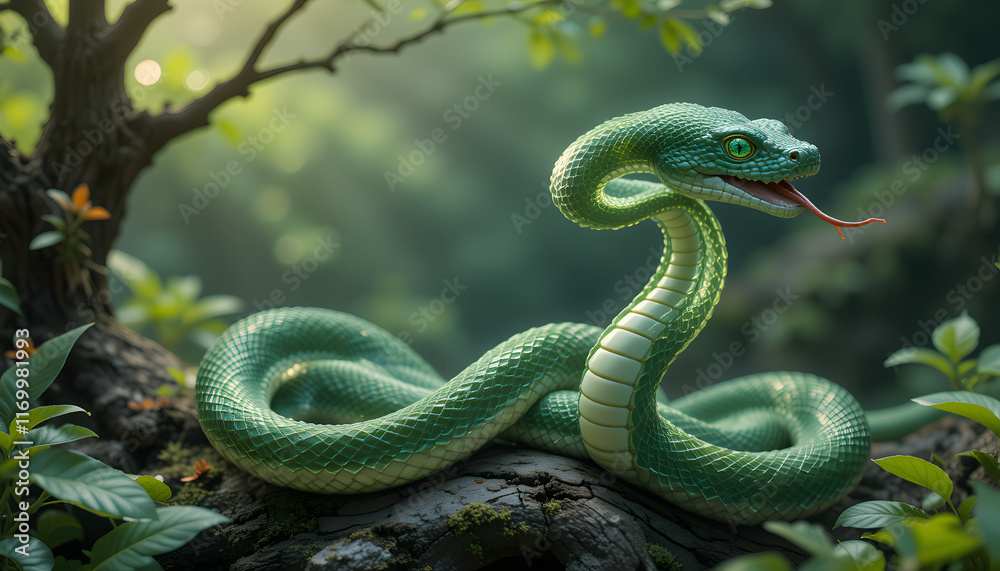 Fototapeta premium Green snake with a curious expression resting on a log in a lush green forest