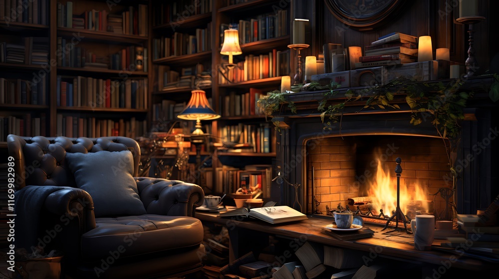 Cozy reading evening by the fireplace home library relaxation warmth Cozy reading evening by the fireplace home library relaxation warmth