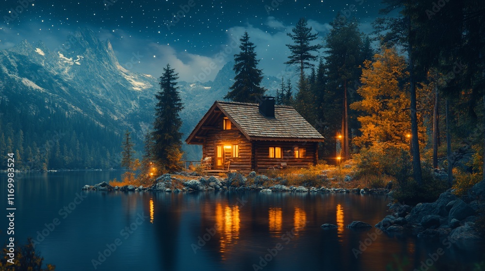 Fototapeta premium Mountain Lake Cabin Night Stars Nature Scene