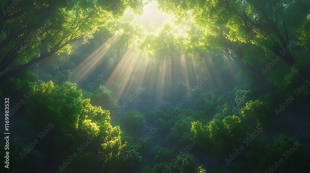 Sunlight streaming through lush forest canopy nature scene tranquil Sunlight streaming through lush forest canopy nature scene tranquil