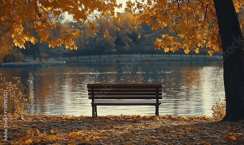 Empty park bench by a serene autumn lake with golden foliage.