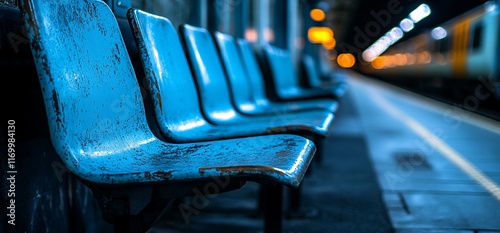 Empty blue benches at a train station platform at night.