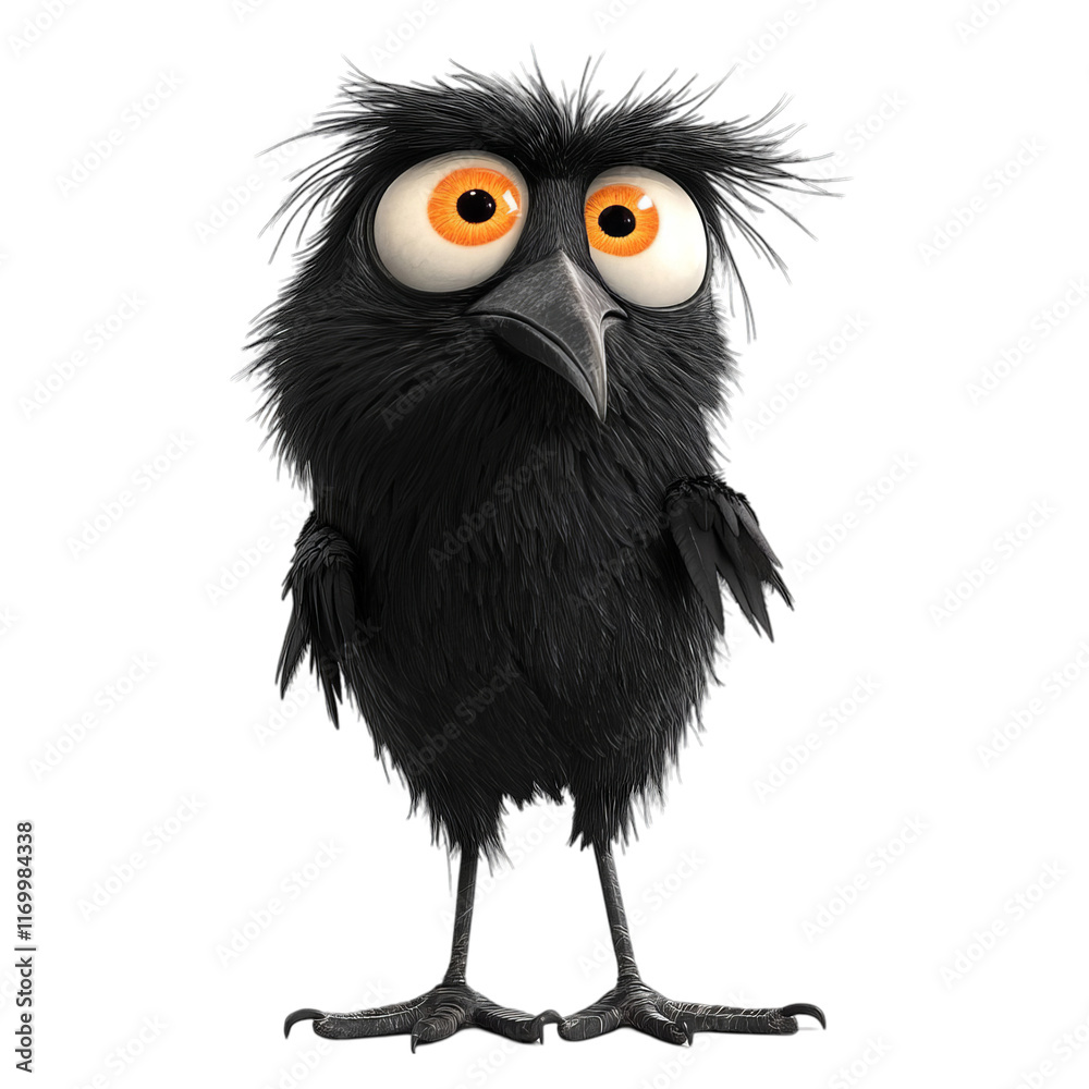 Fototapeta premium Explore the Whimsical Charm of a Black Cartoon Bird with Expressive Orange Eyes and Fluffy Feathers