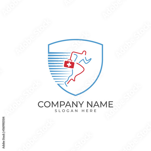 logo with a stylized image of a running figure carrying a medical bag, enclosed within a protective shield. conveys speed, urgency, and safety. for emergency services, healthcare, and sports medicine