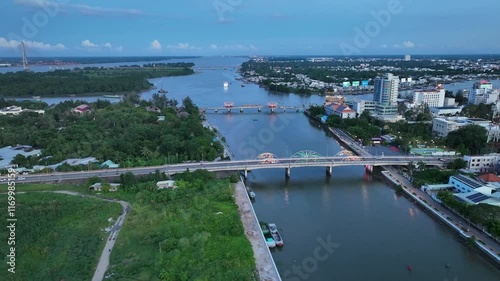 Drone Footage of Song Hau River Near Cái Răng Floating Market, Cần Thơ, Vietnam photo