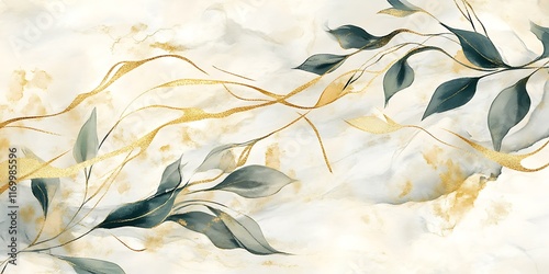 Elegant gold leaves marble wall art print.