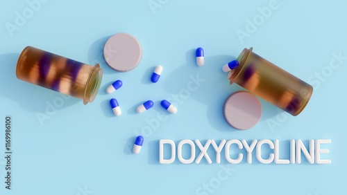 3d rendering of pill bottle, capsules, molecular structure, and text representation of doxycycline against white background photo