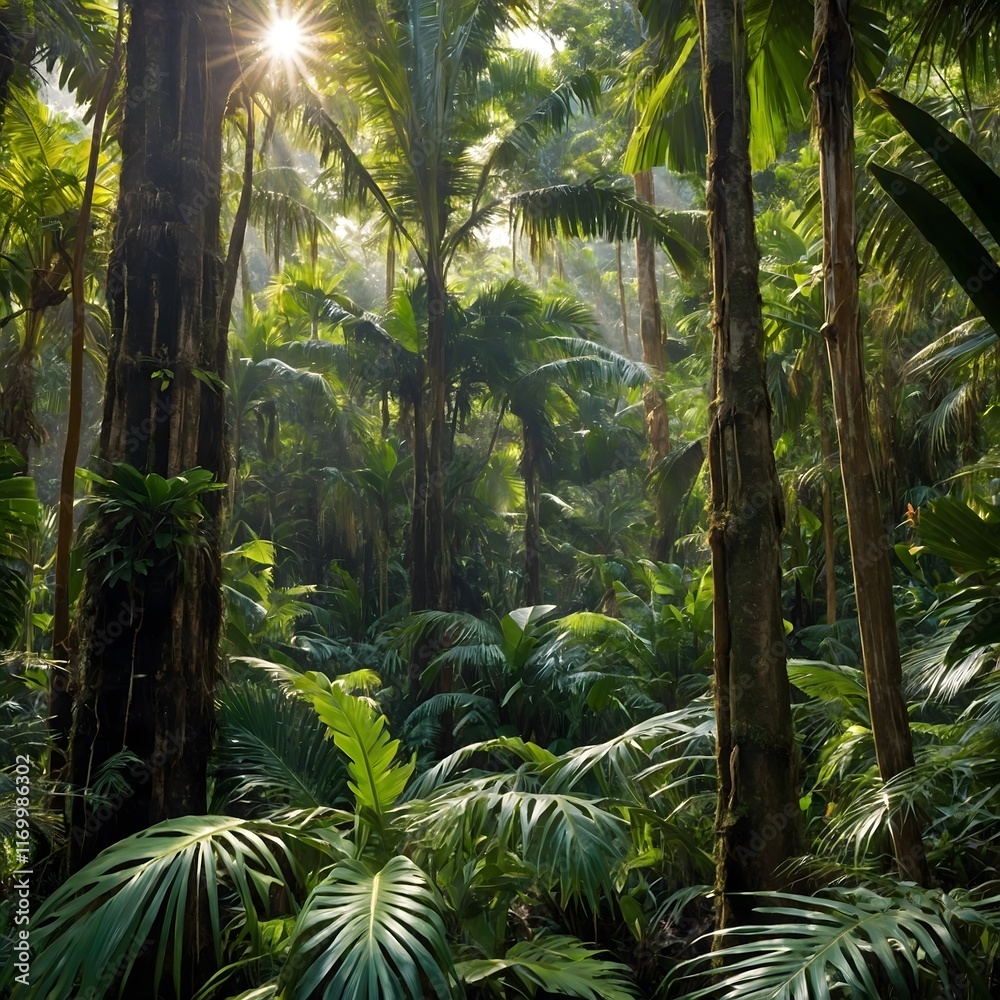 Naklejka premium Sunlit Palm Grove in a Verdant Rainforest Teeming with Exotic Birds