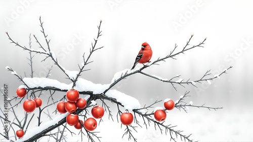 Crimson Pine Grosbeaks in monochromatic winter landscape harvesting clinging apples - Breaking Monotony photo