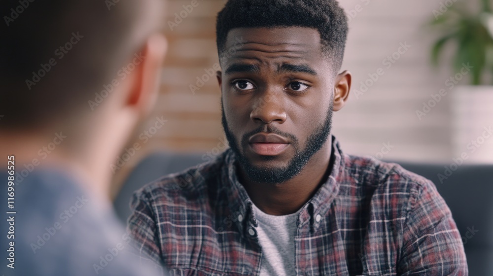 This image depicts an office conversation between a man and a woman. The young man in the foreground appears to be listening intently, suggesting a serious discussion or interview. This image depicts an office conversation between a man and a woman. The young man in the foreground appears to be listening intently, suggesting a serious discussion or interview.