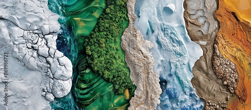 Aerial view of five different biomes arranged in strips.