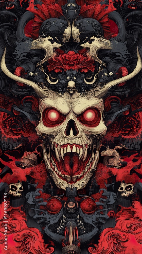 Naklejka premium Japanese Demon Skull: Dark Fantasy Art