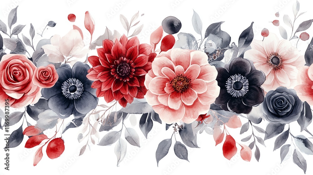 Fototapeta premium Watercolor seamless border of burgundy, blush and grey flowers and leaves.