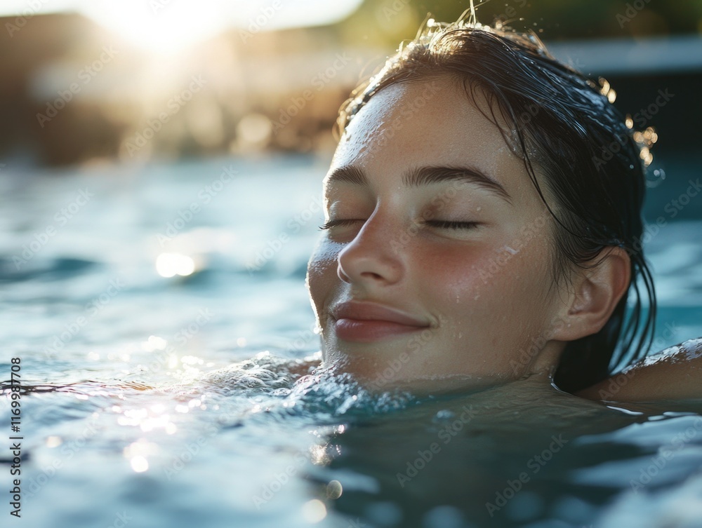 Obraz premium A young girl is enjoying a swim, with water splashing around her. She's floating on her back in the pool and appears to be relaxed and content.
