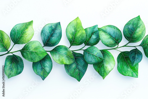 Watercolor painting of a horizontal seamless green leaves branch on a white background.