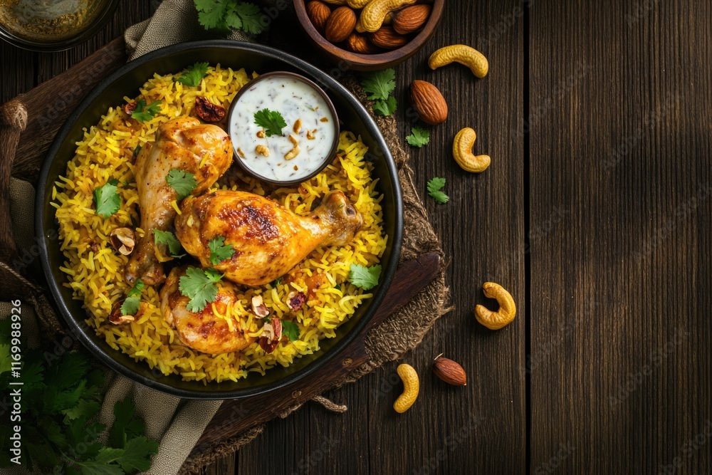 Indian cuisine, chicken and sauce served in a bowl with naan bread and nuts on the side. Indian cuisine, chicken and sauce served in a bowl with naan bread and nuts on the side.