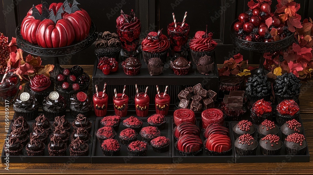 Fototapeta premium Spooky Halloween dessert table with red and black cupcakes, cake, chocolates, and candies.