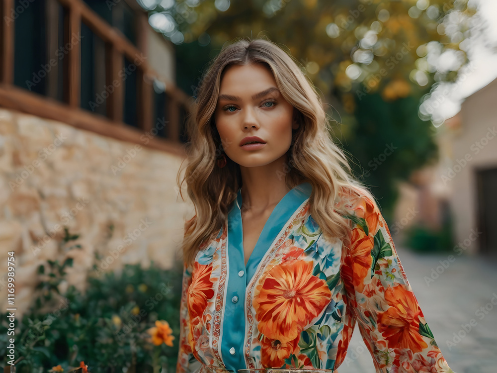 Blossoms in Motion - Dynamic Floral Summer Styles: The dynamic patterns of a bright floral summer outfit worn by a model, highlighting the movement and vivid details. Blossoms in Motion - Dynamic Floral Summer Styles: The dynamic patterns of a bright floral summer outfit worn by a model, highlighting the movement and vivid details.