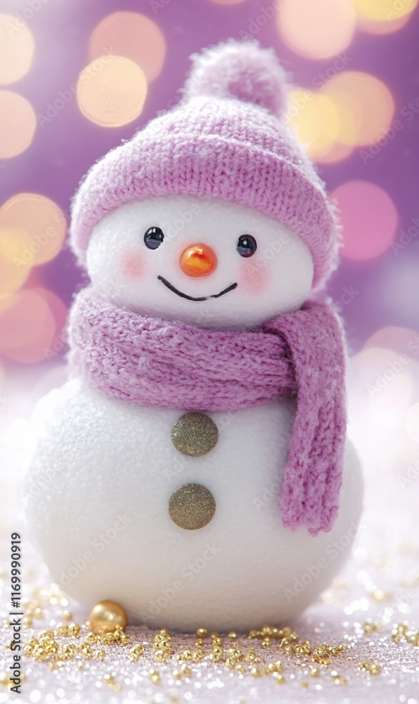 Cute snowman figurine with a pink knitted hat and scarf, sitting on a bed of glittery sparkles, with a bokeh background. Cute snowman figurine with a pink knitted hat and scarf, sitting on a bed of glittery sparkles, with a bokeh background.