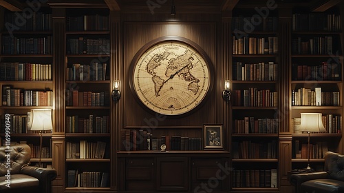 A sophisticated rectangular clock with vintage map illustrations in sepia tones, mounted on a library wall surrounded by bookshelves,