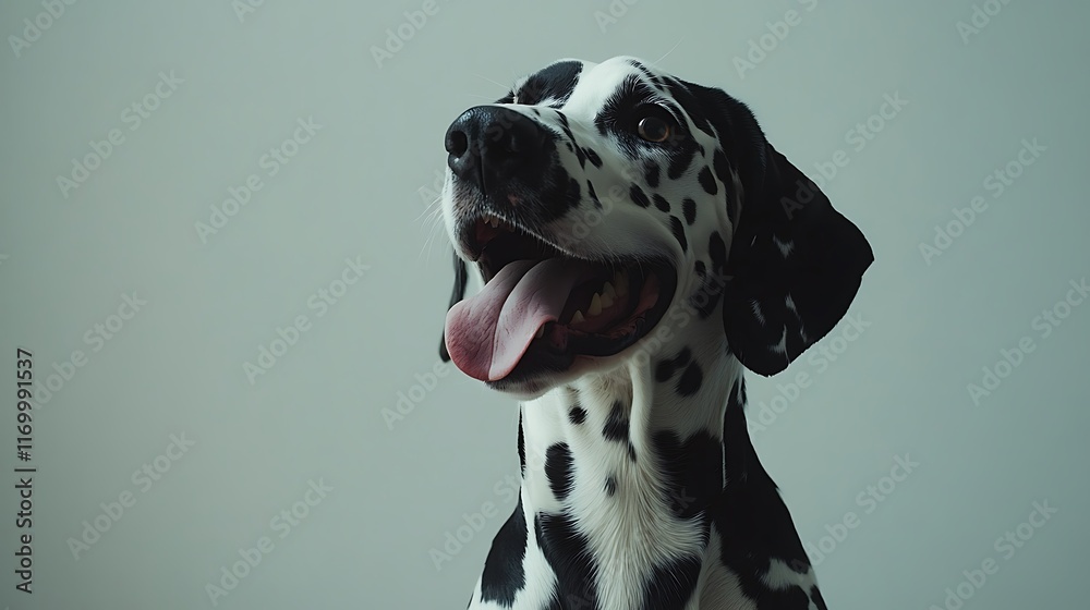 A close-up of a Dalmatian dog with a joyful expression against a neutral background. A close-up of a Dalmatian dog with a joyful expression against a neutral background.