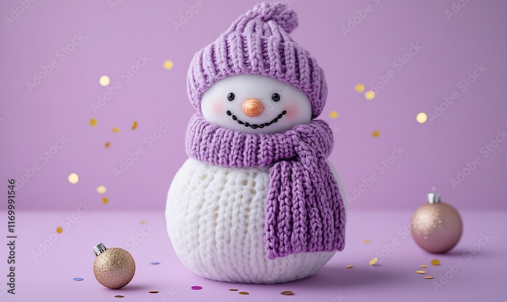 Obraz premium Cute knitted snowman in purple hat and scarf with Christmas ornaments on purple background.