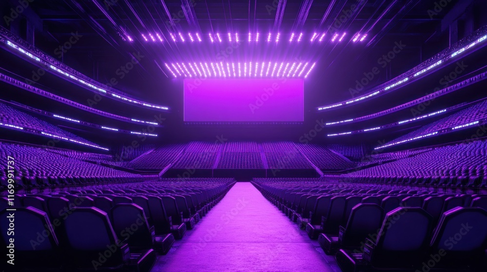 Fototapeta premium 3D Cyber Stadium design with futuristic purple lighting, glowing techno-row seats, and vibrant screens, empty and awaiting a virtual event