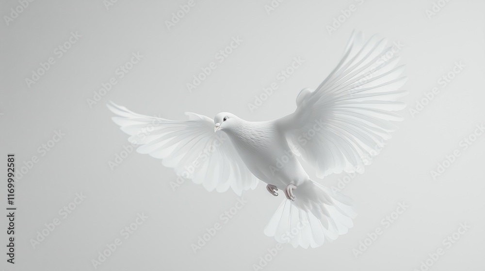 Fototapeta premium A white dove in flight Full depth of field, isolated on white background