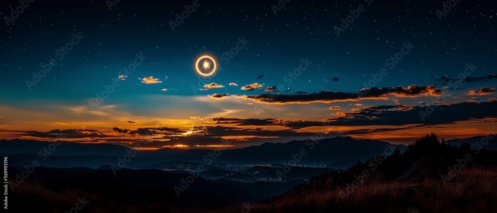 Fototapeta premium Annular Solar Eclipse over Mountain Range at Sunset