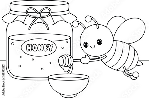 Cute kawaii cartoon character bee with honey coloring page for kids