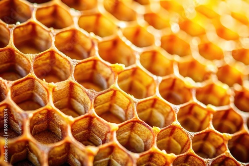 A mesmerizing close-up:  honeycomb's textured surface, meticulously crafted hexagonal cells, detailed in macro photography.