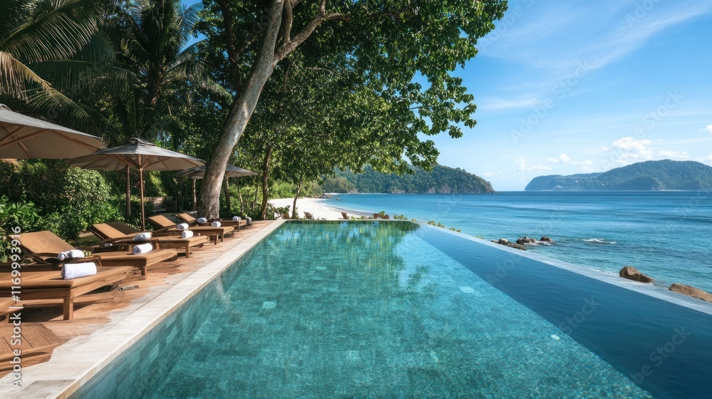 Fototapeta premium A breathtaking infinity pool with crystal-clear waters at a beachfront resort, panoramic views of the azure ocean stretching under the bright summer sun