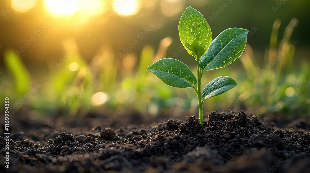 Small plant growing in soil at sunset. Small plant growing in soil at sunset.