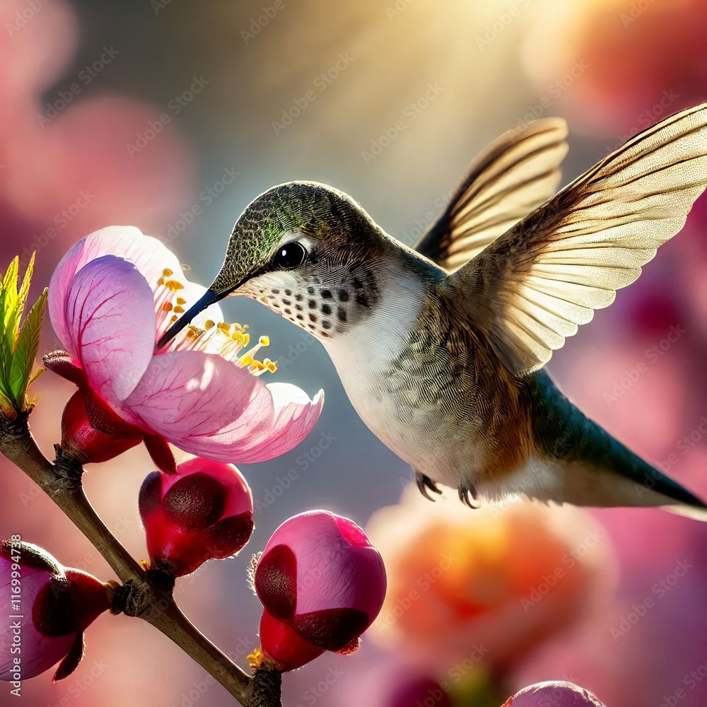 Naklejka premium hummingbirds feeding on nectar from bright spring blooms. Generative AI